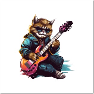 Rockstar Cat Playing Electric Guitar Posters and Art